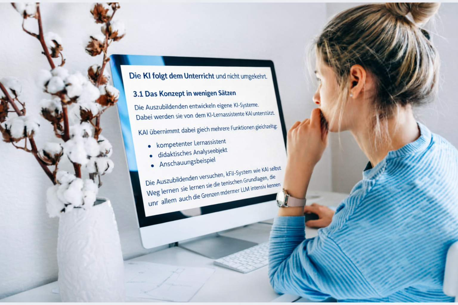 Eine Frau liest das KAI-Lernwerkstatt-Konzept am PC durch.