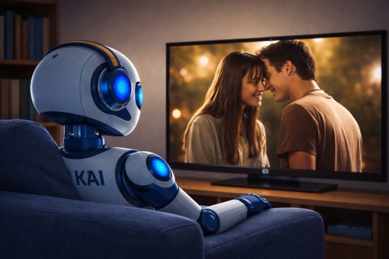 Die KI "Kai" schaut einen Liebesfilm im Fernsehen.