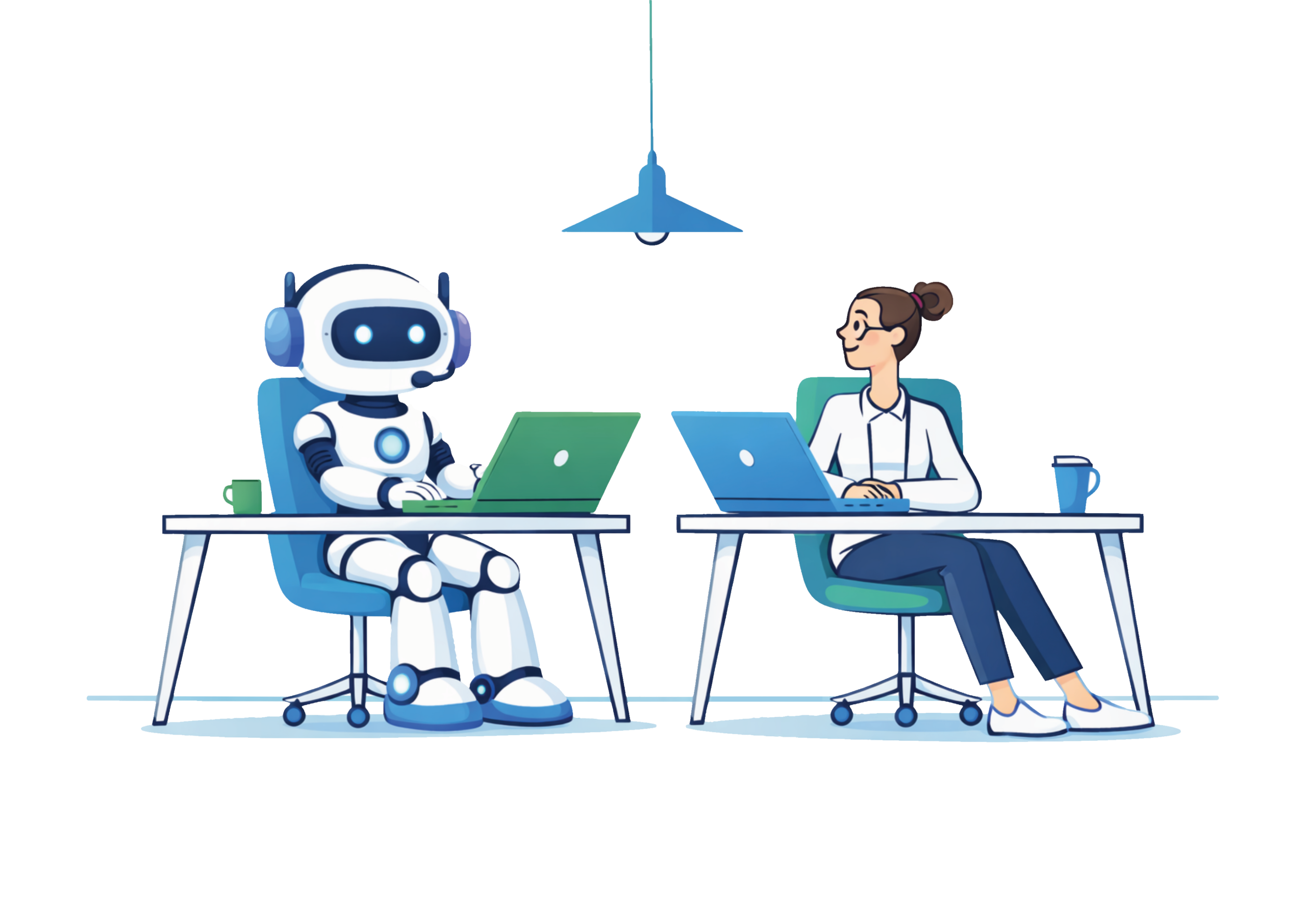 Illustration: KAI sitzt am Tisch. Eine Lehrerin sitzt am Tisch. Beide arbeiten.