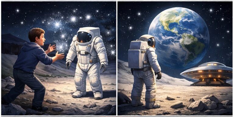 Phil auf dem Mond und sieht seinen Raumanzug. Auf dem zweiten Bild sieht er sein Raumschiff.